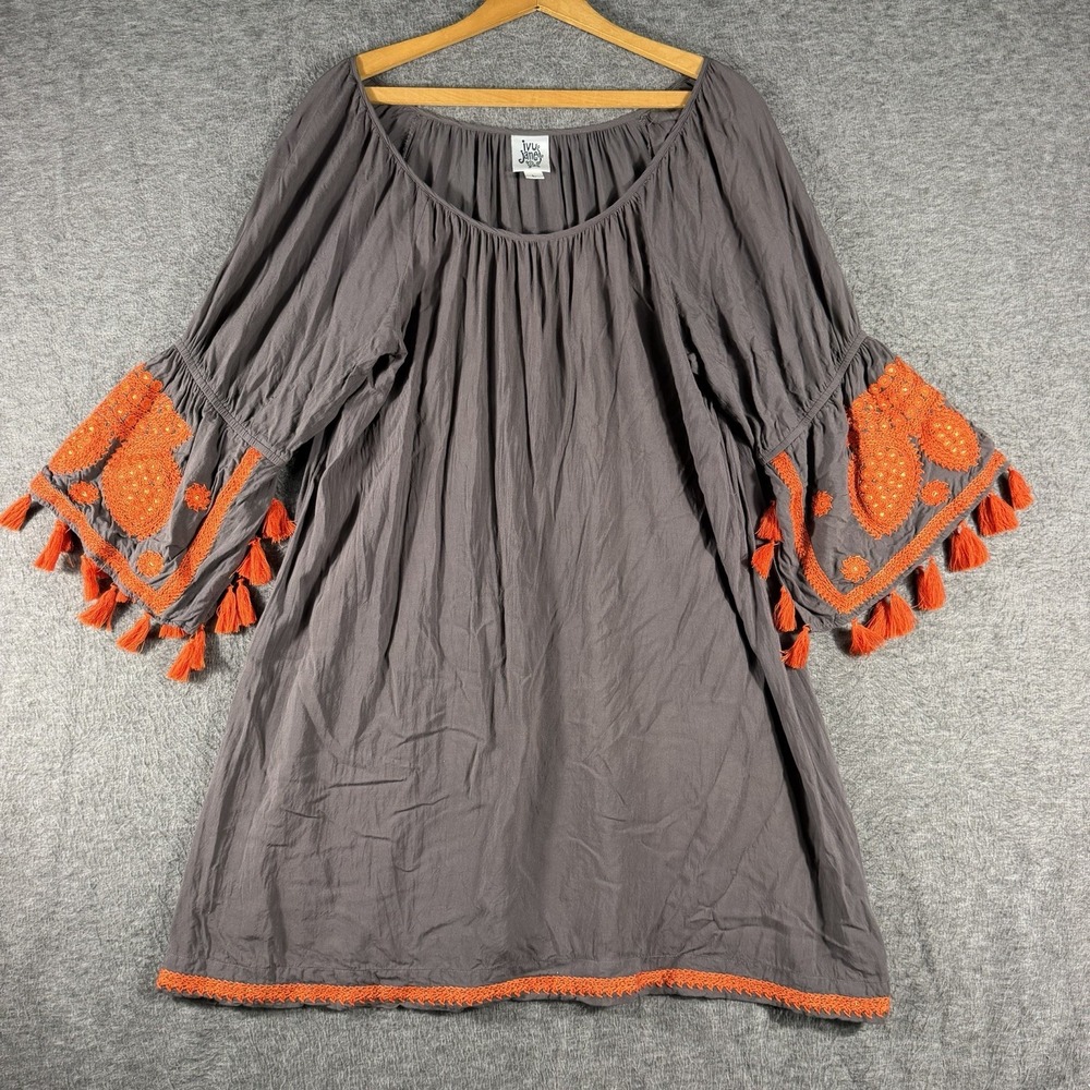 Ivy Jane Tunic Dress Womens Gray Embroidered Tassels Boho Peasant Festival SZ L